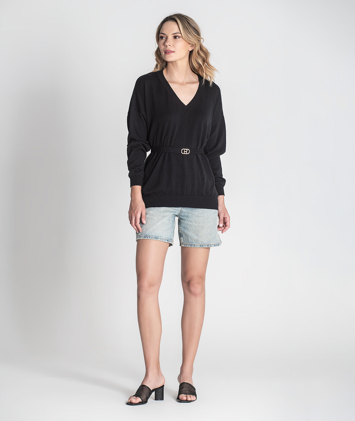 Camisola decote em v com cinto 3426