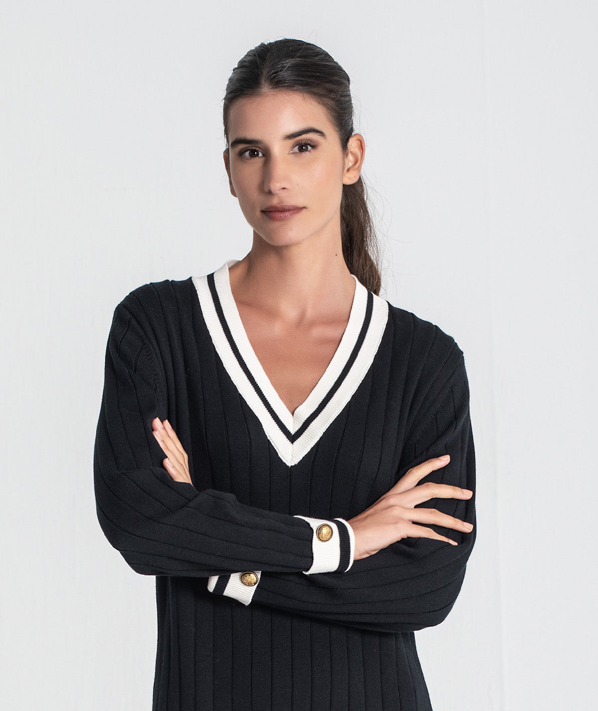 Vestido canelado com contraste no decote 3472