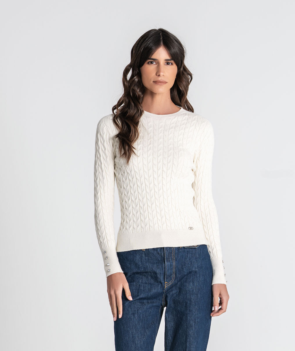 Cable knit sweater with crest buttons 3578