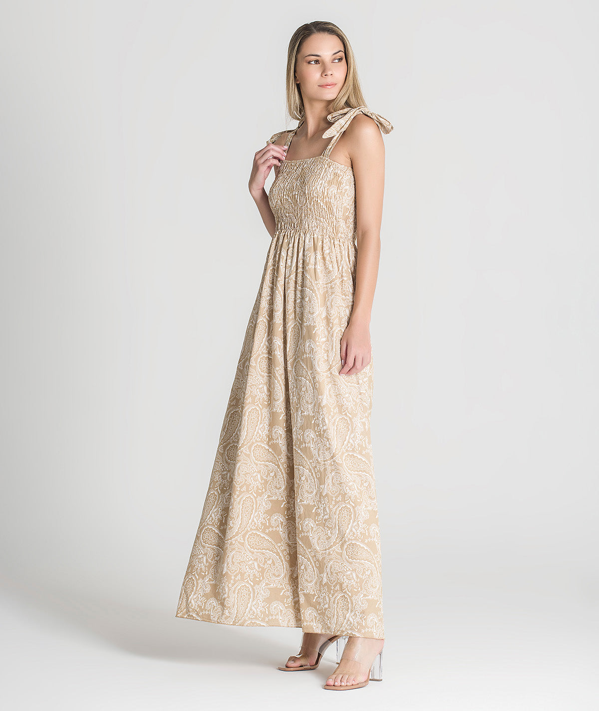 Vestido com padrão e laço nos ombros 6162