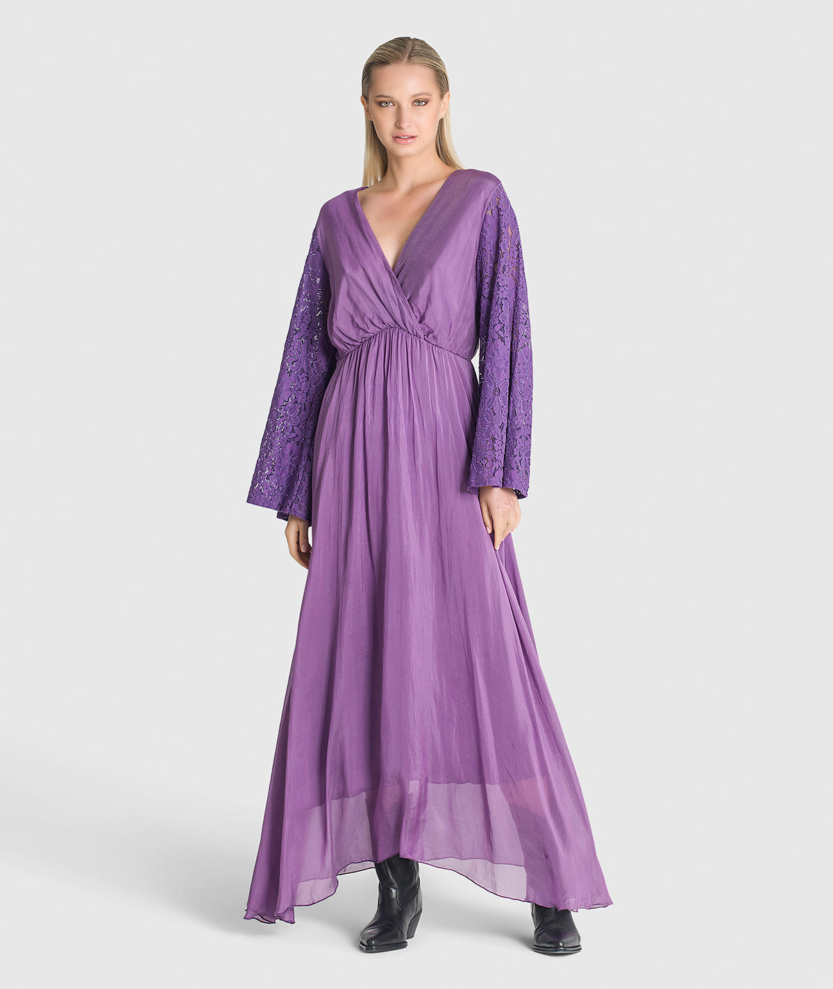 Vestido comprido com mangas em renda 6164