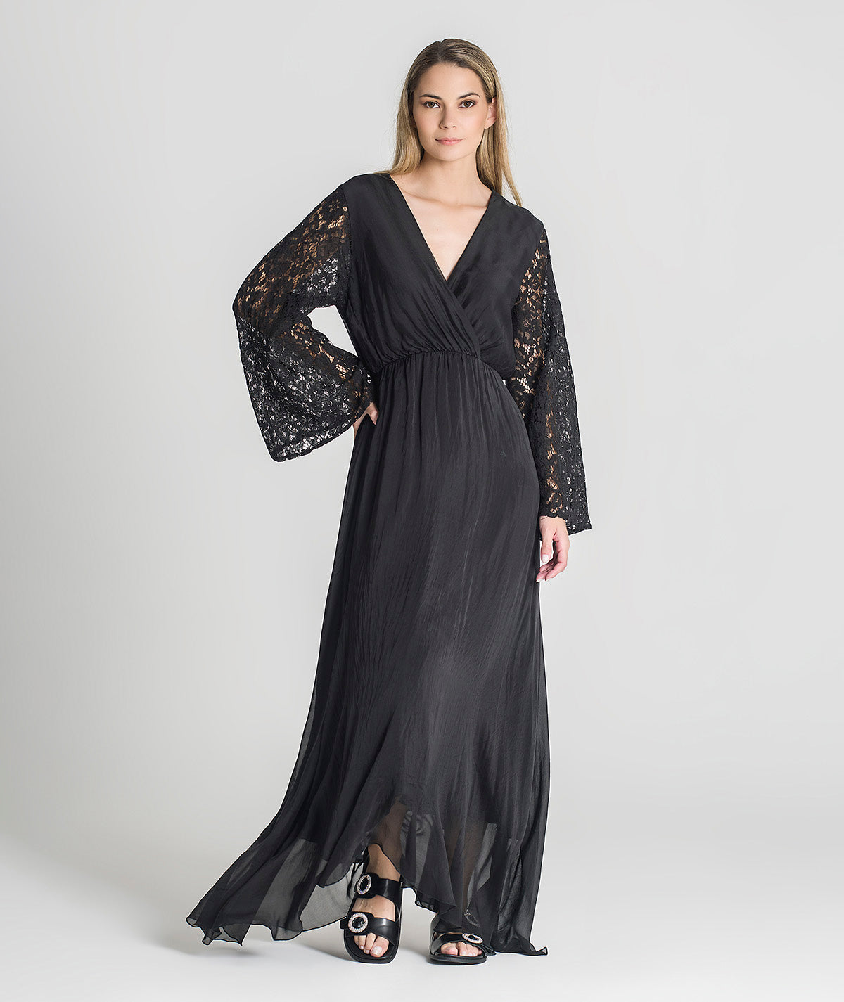 Vestido comprido com mangas em renda 6164