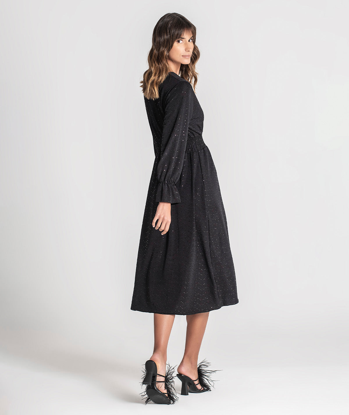 Vestido brilho com elástico na cintura 6183