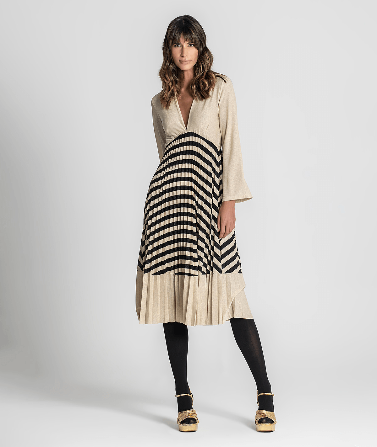 Vestido comprido plissado com riscas 6203