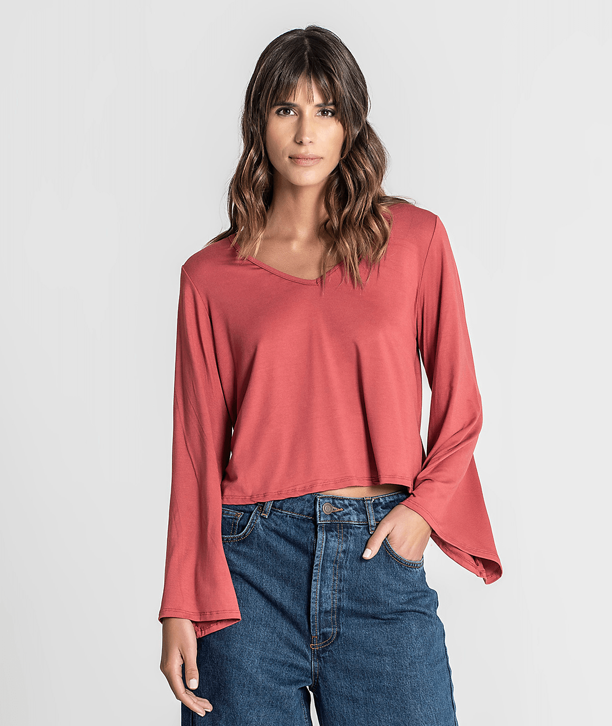 Camisola decote em V com mangas sino 6215