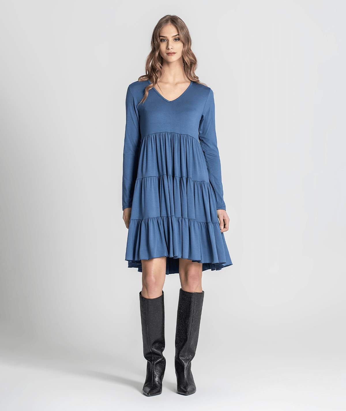 Vestido decote em v com folhos 6217