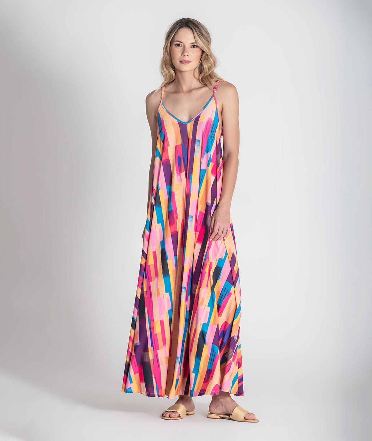 Vestido alças finas com padrão colorido 6379