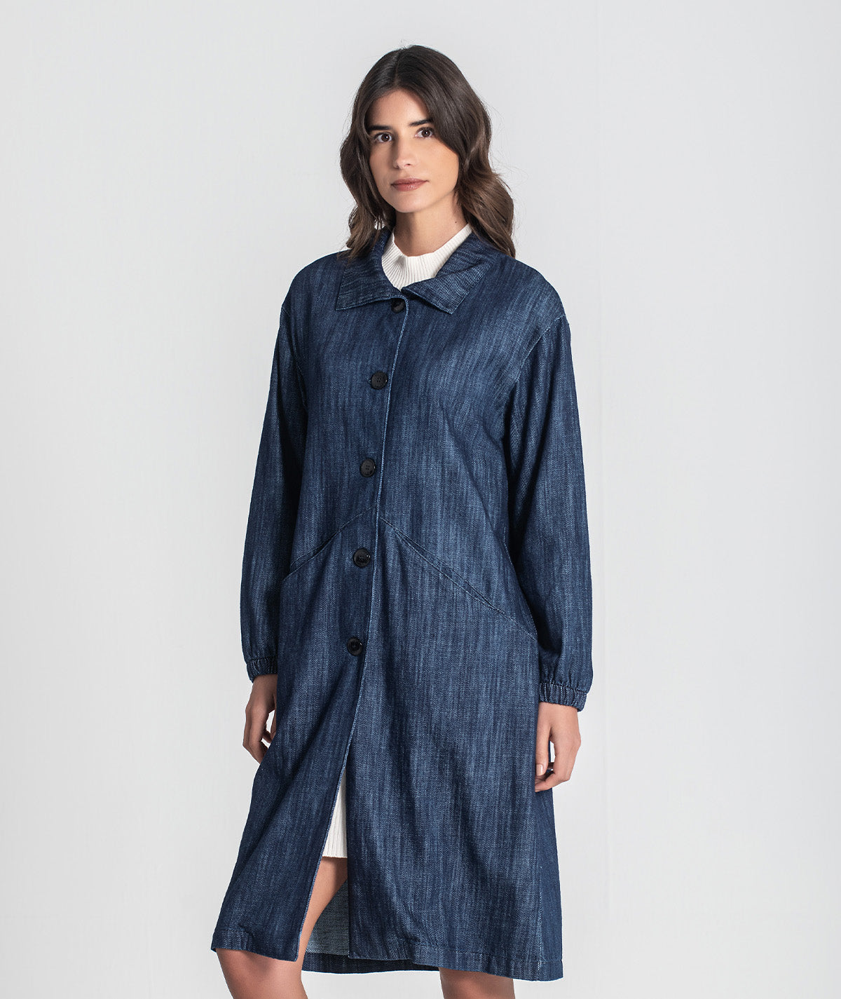 Casaco comprido tencel com botões e bolsos 6455