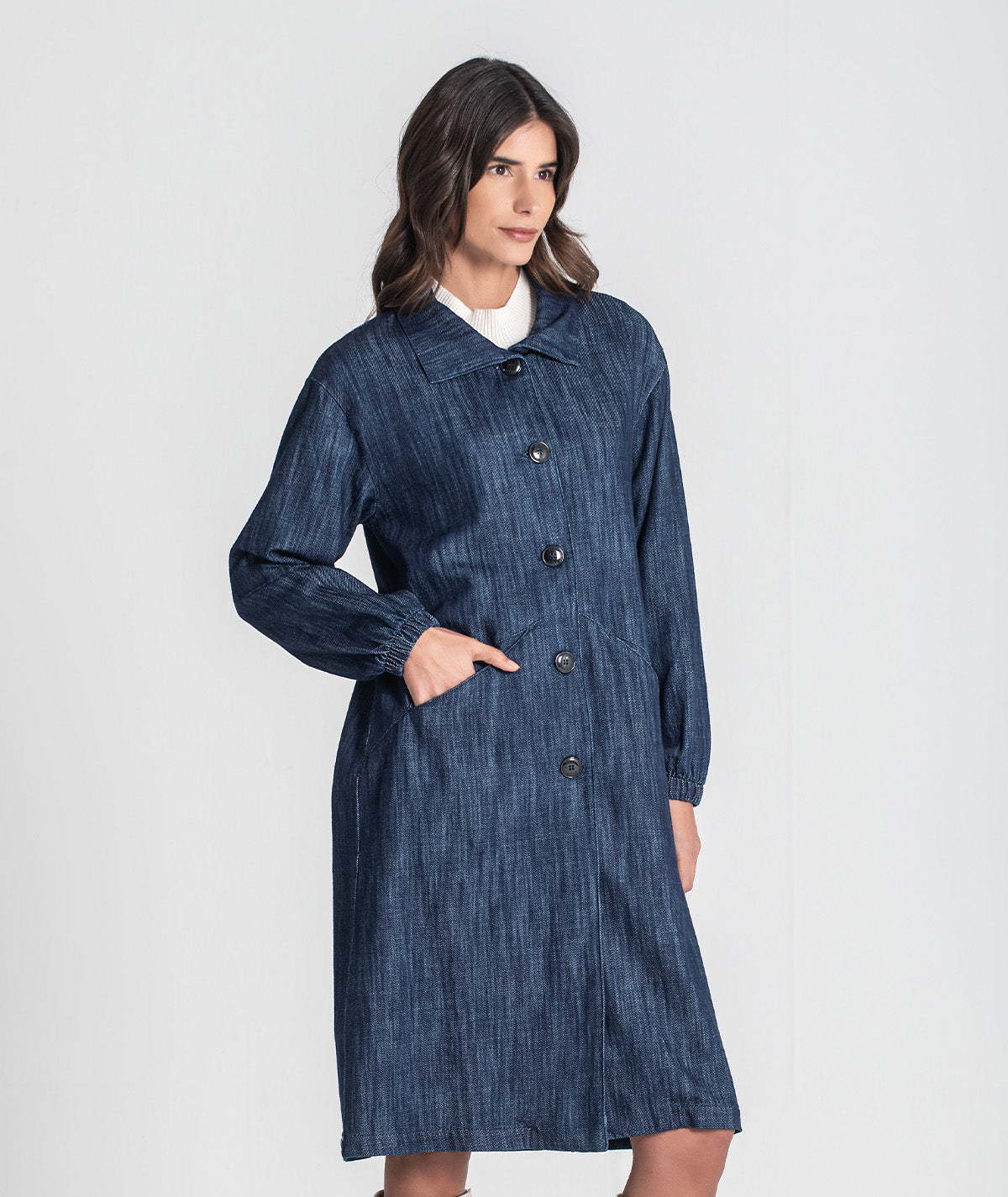 Casaco comprido tencel com botões e bolsos 6455