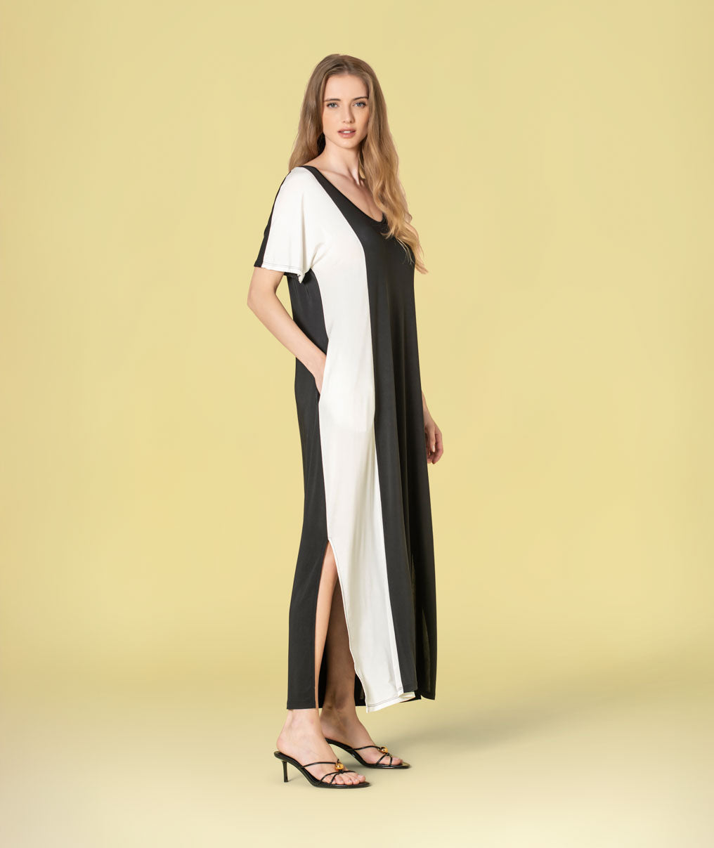 Vestido decote em v bicolor 6468