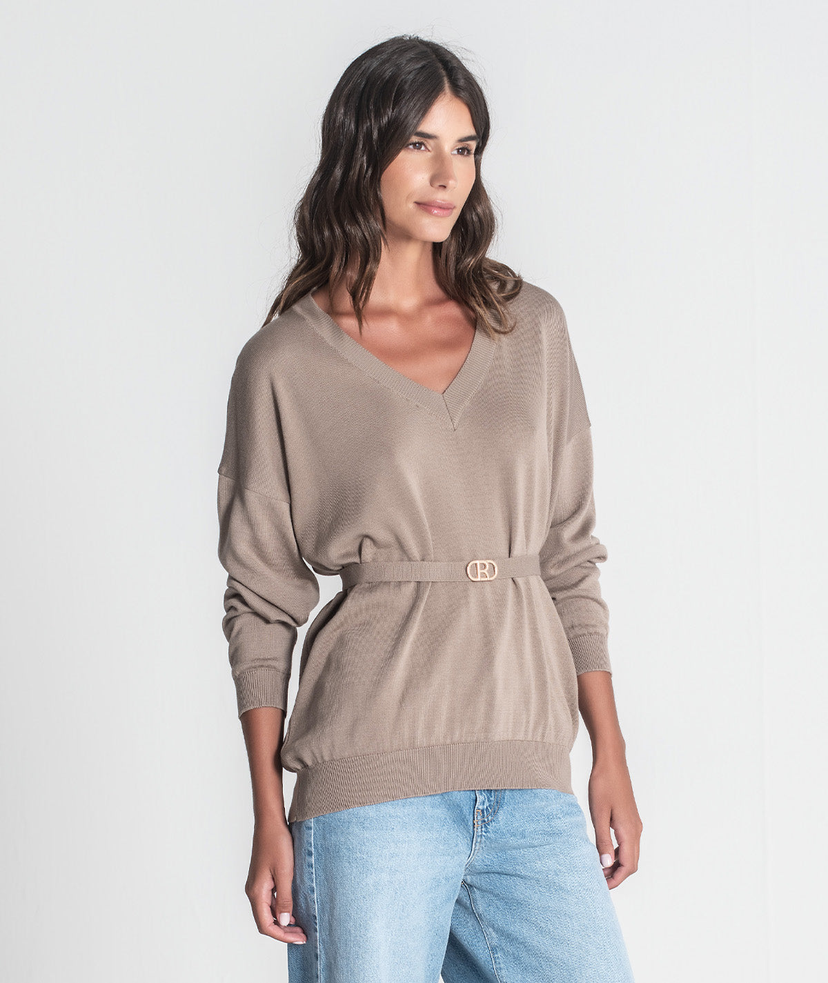 Camisola decote em v com cinto 3426