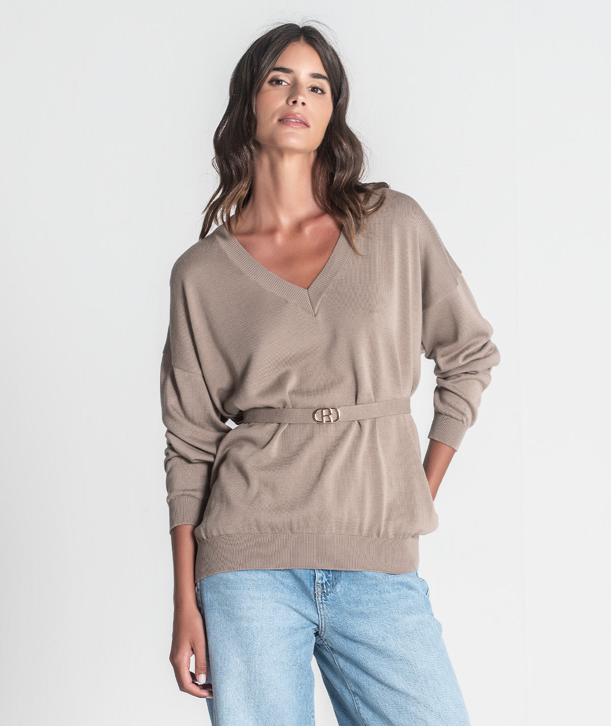 Camisola decote em v com cinto 3426