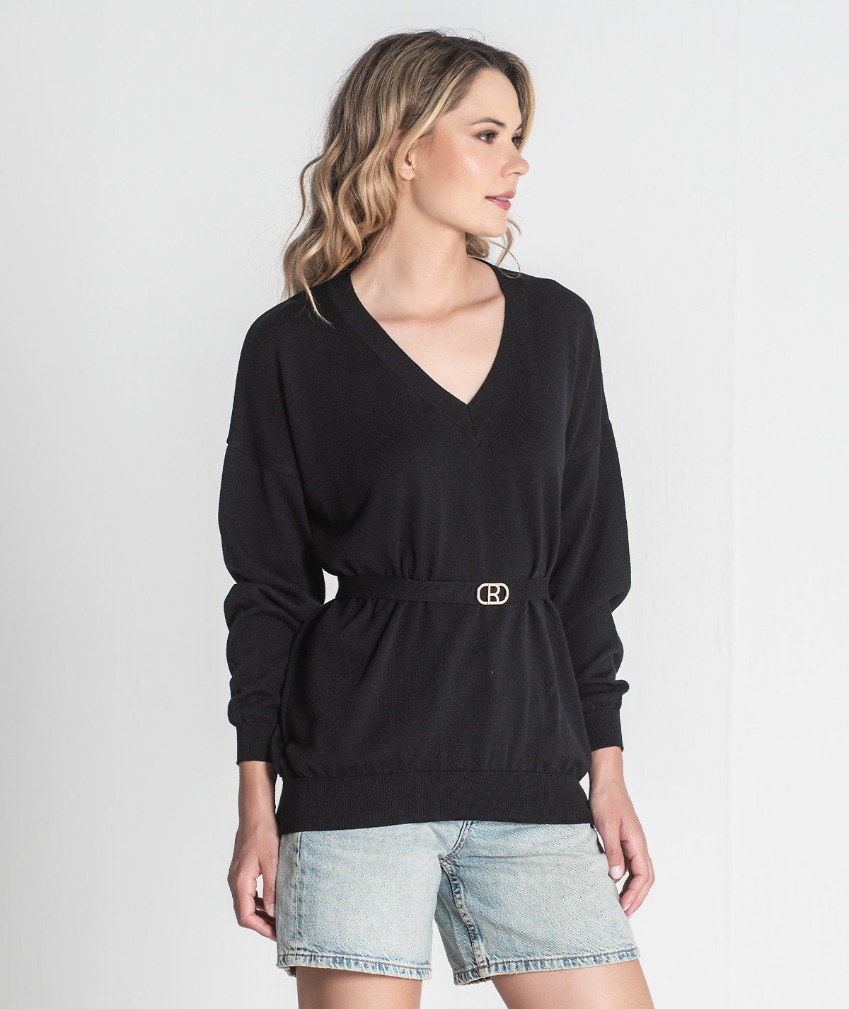 Camisola decote em v com cinto 3426