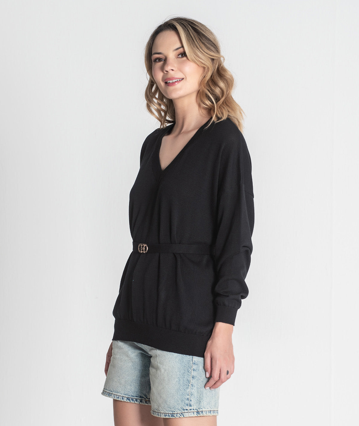Camisola decote em v com cinto 3426