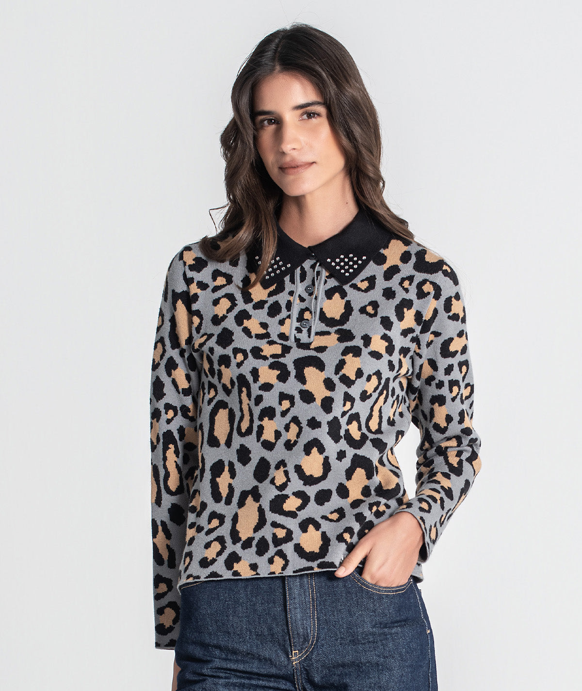 Camisola gola polo print leopardo 3439