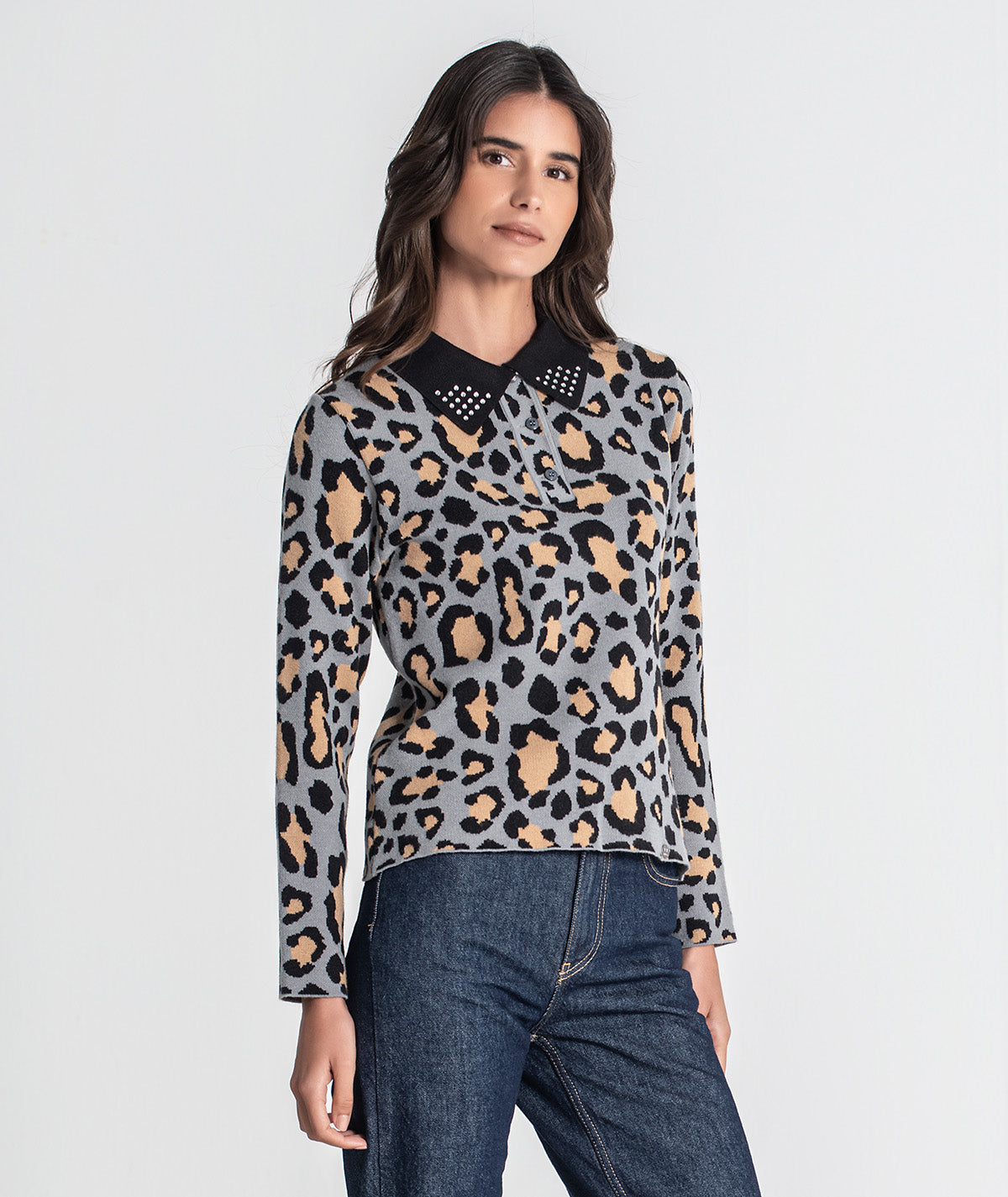 Camisola gola polo print leopardo 3439