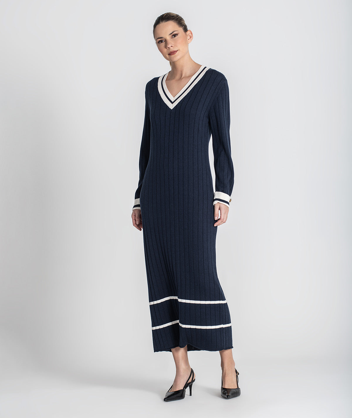 Vestido canelado com contraste no decote 3472