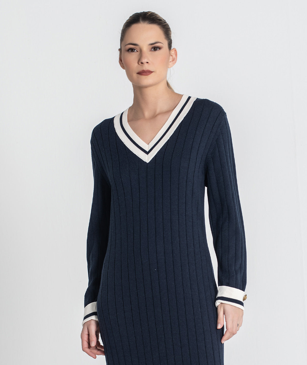 Vestido canelado com contraste no decote 3472