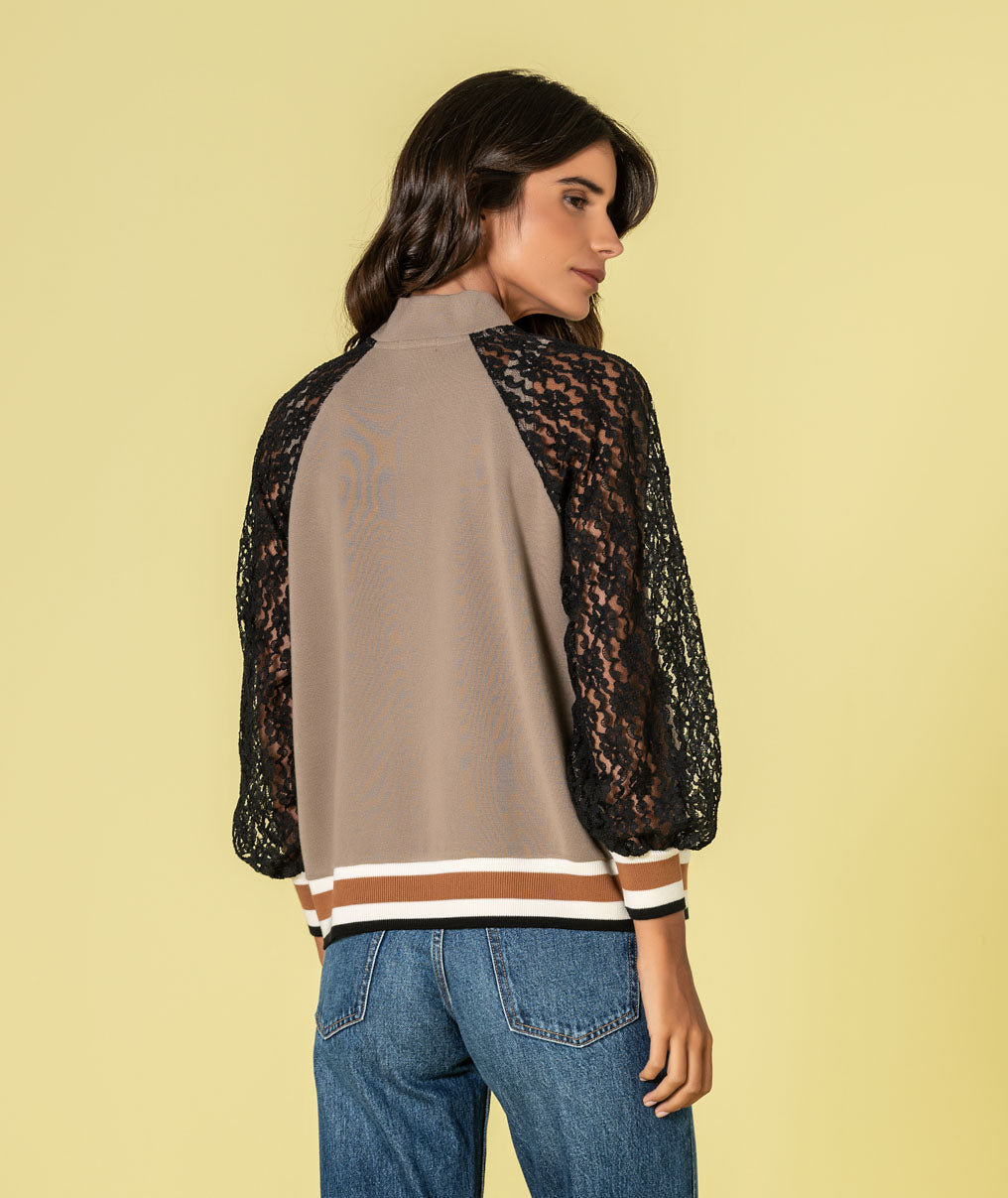 Casaco bomber com mangas em renda 3496
