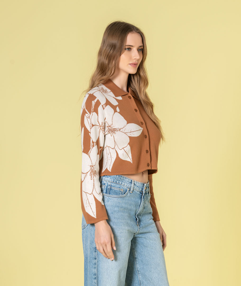 Casaco curto com jacquard flores 3497