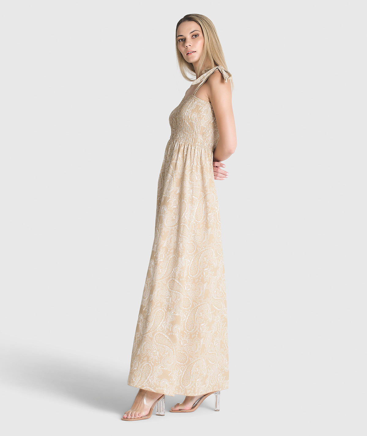 Vestido com padrão e laço nos ombros 6162