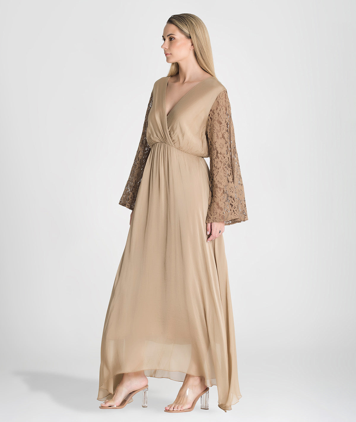 Vestido comprido com mangas em renda 6164