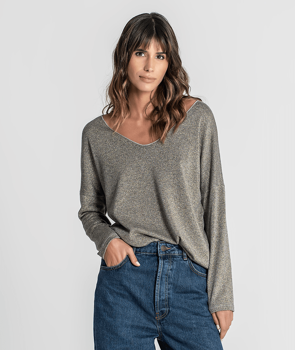 Camisola decote em v brilho 6184