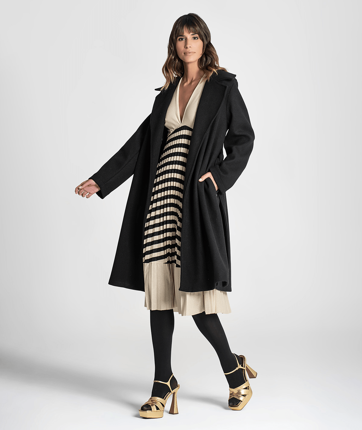 Vestido comprido plissado com riscas 6203