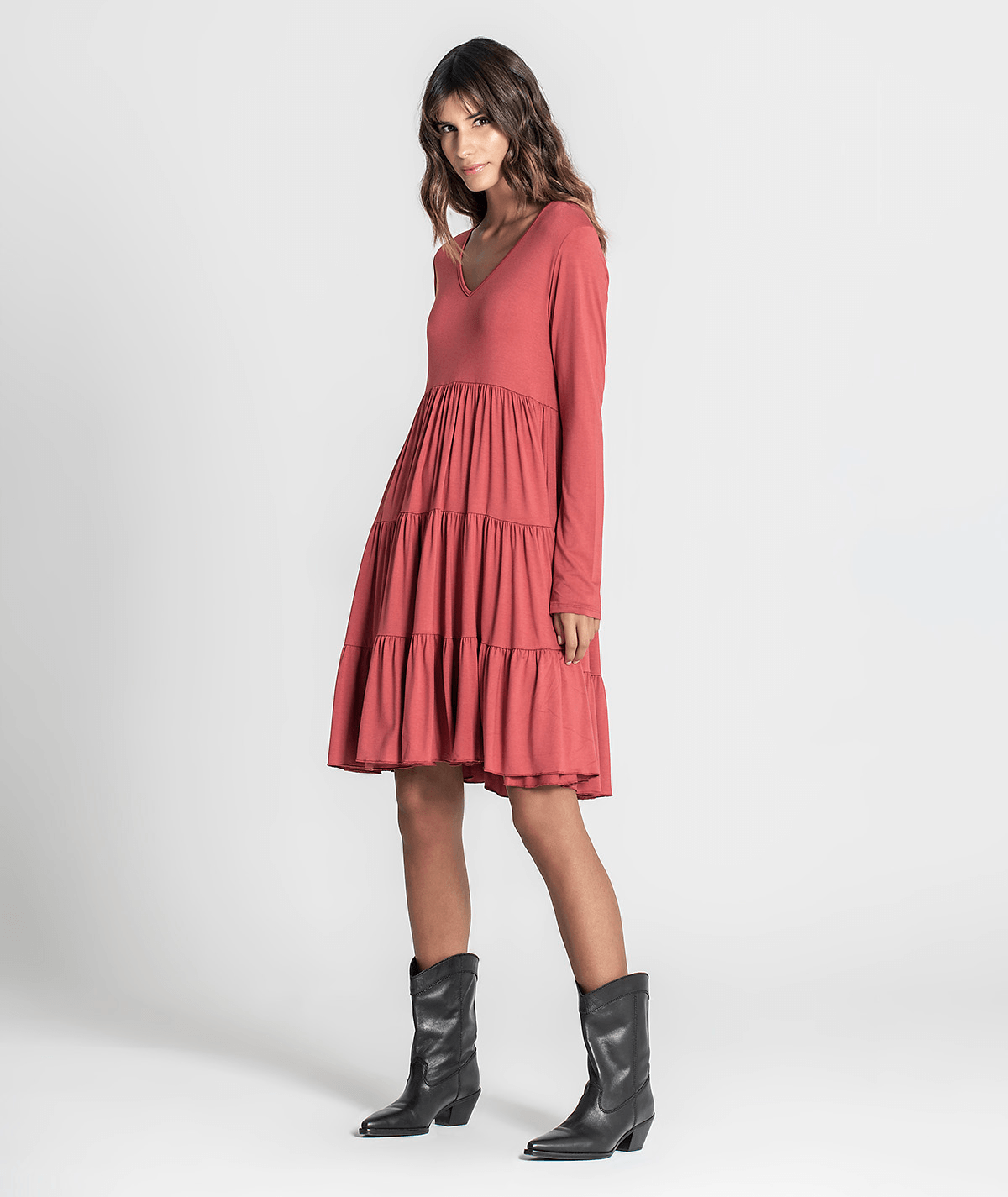 Vestido decote em v com folhos 6217