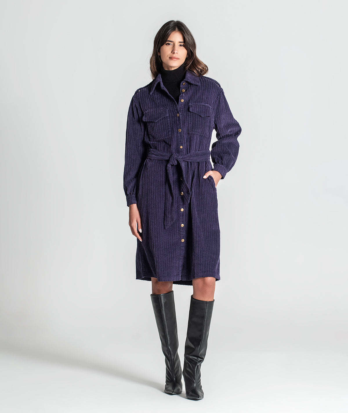 Vestido com cinto amovível e botões 6353