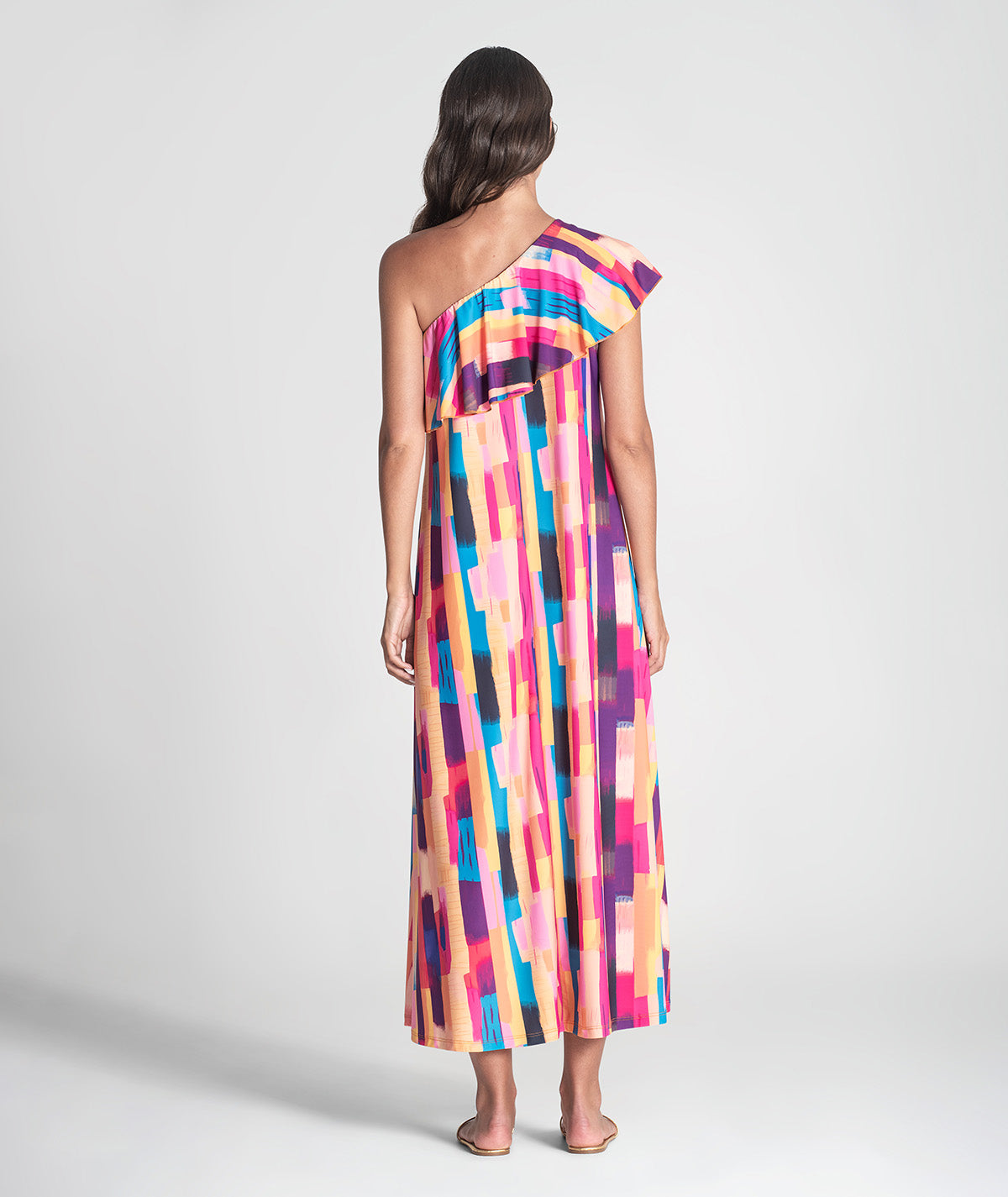 Vestido com folho no decote e padrão
colorido 6380