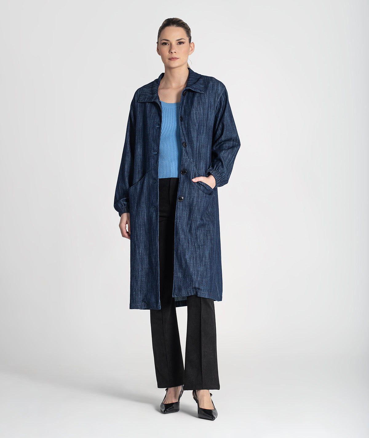 Casaco comprido tencel com botões e bolsos 6455