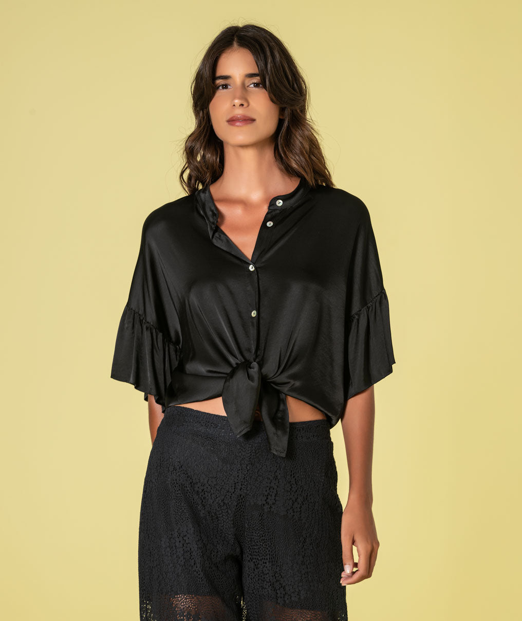 Satin blouse with buttons and knot at the front 6480