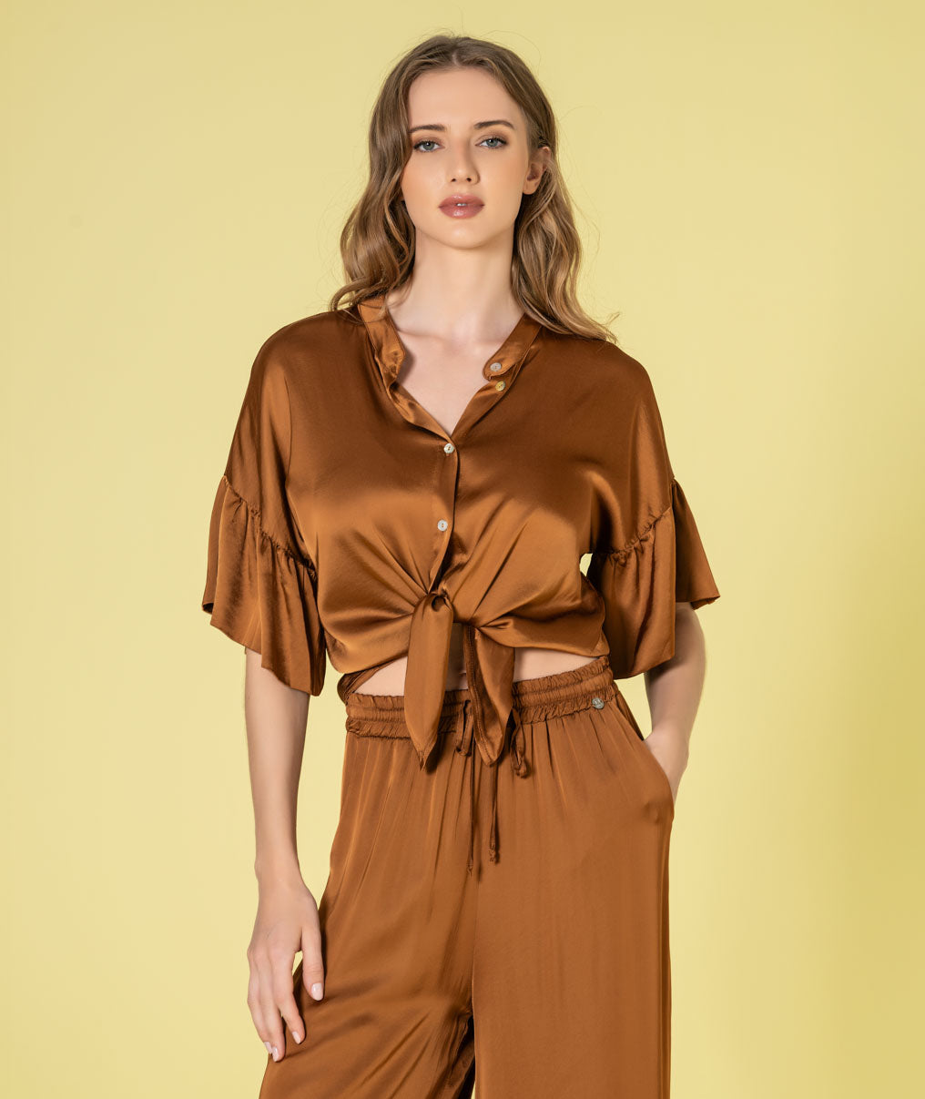 Satin blouse with buttons and knot at the front 6480