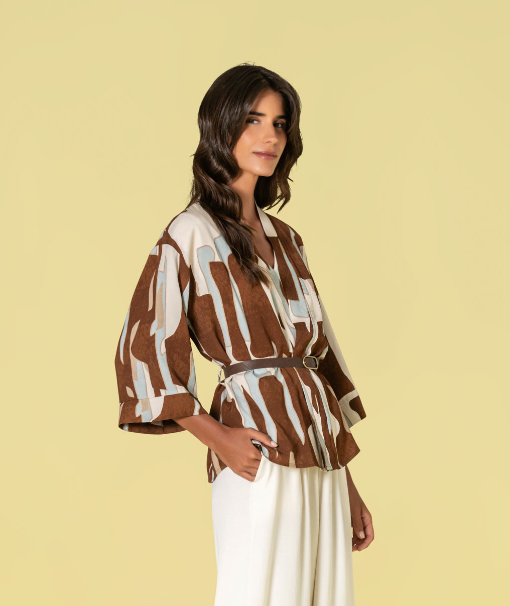 Kimono com padrão geométrico e cinto 6497